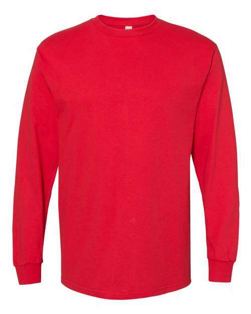 Red long-sleeved shirt from Heavyweight Long Sleeve T-Shirt, ideal for custom apparel projects