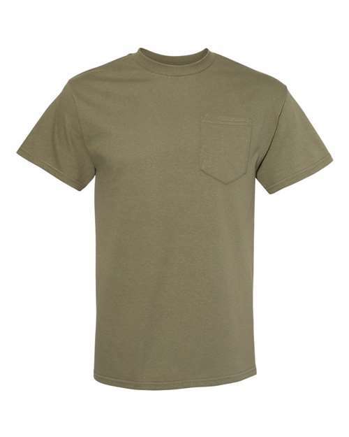 Olive green heavyweight pocket t-shirt, ideal for custom apparel and everyday wear