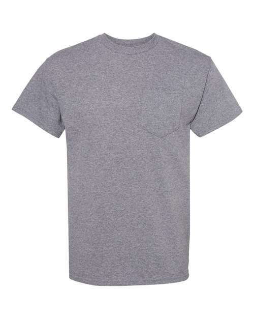 Gray short-sleeved pocket T-shirt for custom apparel and everyday wear with screen printing