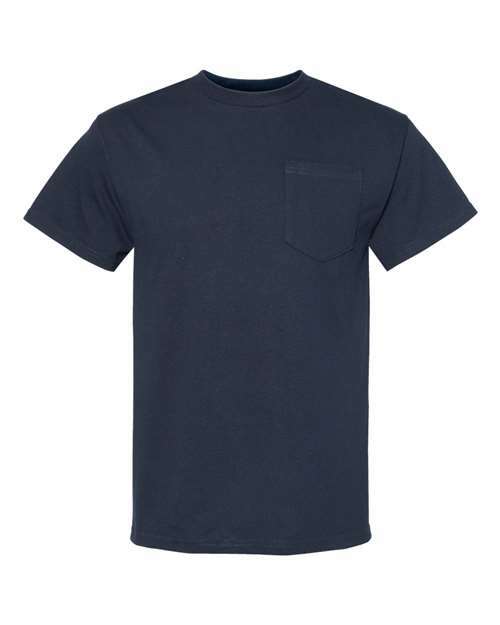 Navy blue heavyweight pocket t-shirt, ideal for custom apparel and everyday wear with screen printing