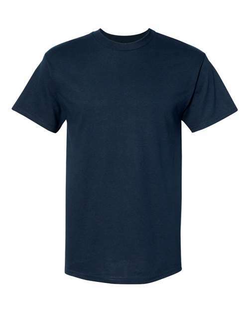 Navy blue heavyweight T-shirt made from cotton polyester blend for durability and comfort