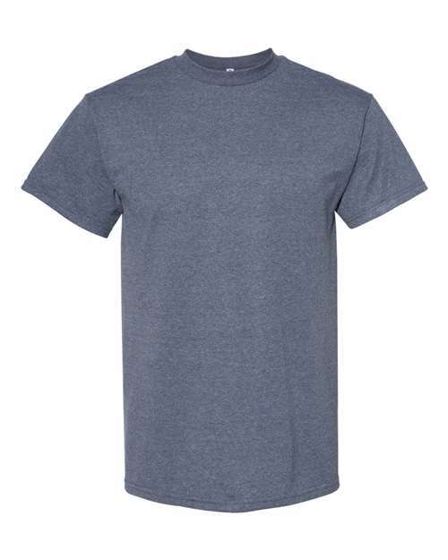 Heathered gray crew neck T-shirt made from cotton polyester blend in classic fit