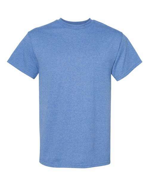 Blue heathered T-shirt with comfortable fit, ideal for screen printing and polyester blend