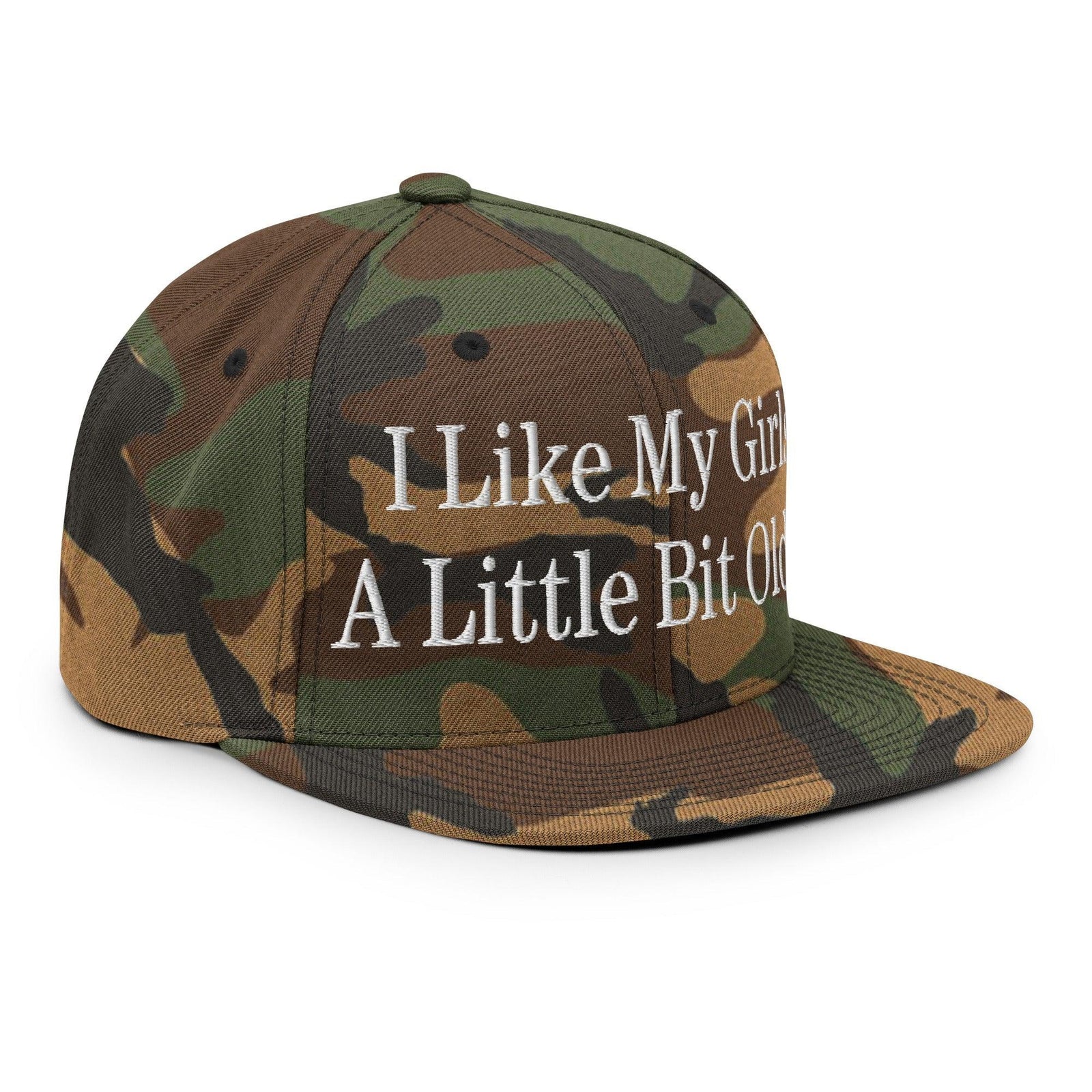 I Like My Girls a Little Bit Older Embroidered Flat Bill Brim Snapback Hat