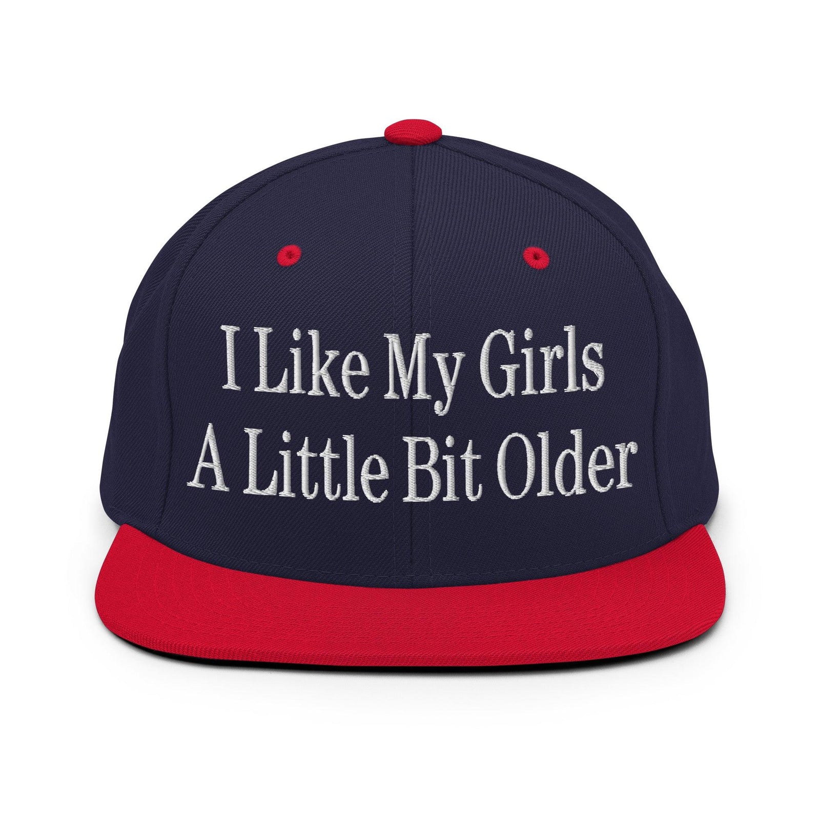 I Like My Girls a Little Bit Older Embroidered Flat Bill Brim Snapback Hat - Navy/ Red