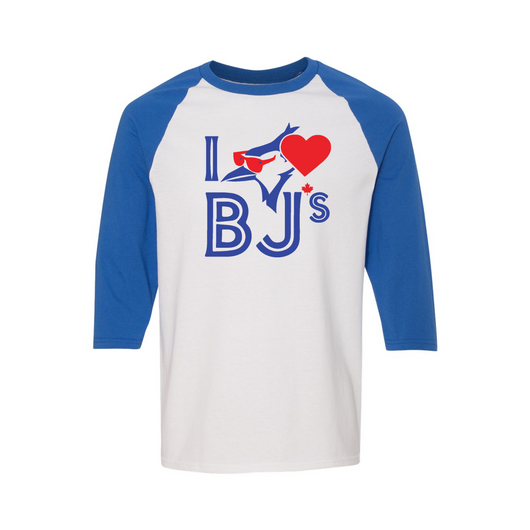 I Love BJs Raglan Three-Quarter Sleeve T-Shirt - Blue/White / Small - t-shirt