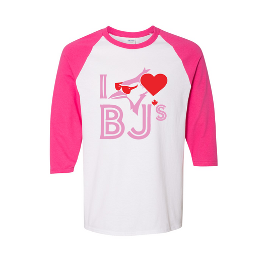 I Love BJs Raglan Three-Quarter Sleeve T-Shirt - Pink/White / Small - t-shirt