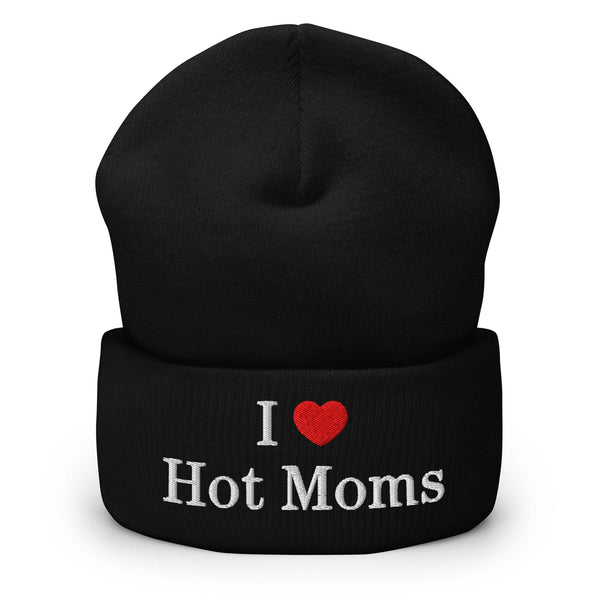 I Love Hot Moms Embroidered Knit Cuffed Beanie - Black