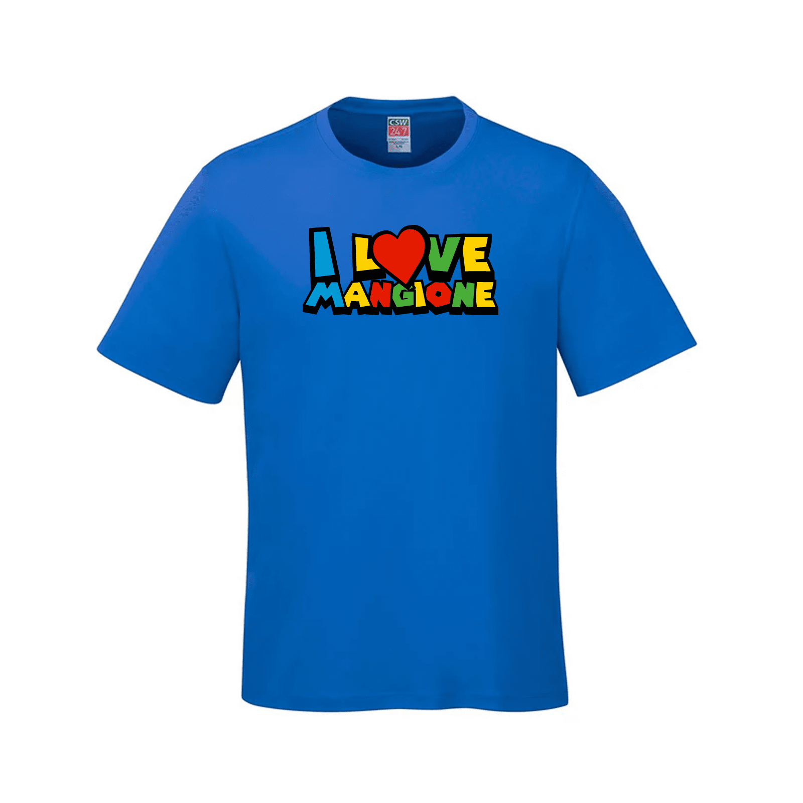 Blue I Love Mangione T-Shirt showcasing custom apparel with CSW247 Parkour Style design