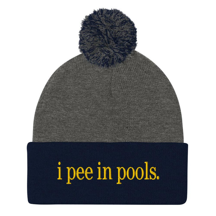 I Pee in Pools Embroidered Knit Pom Pom Beanie - Dark Heather Grey/ Navy