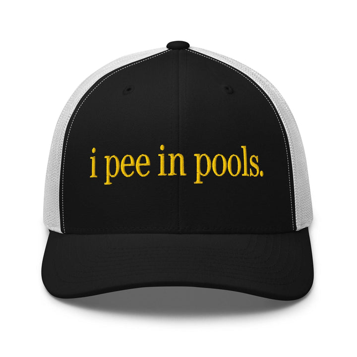 I Pee in Pools Embroidered Mesh Trucker Hat - Black/ White
