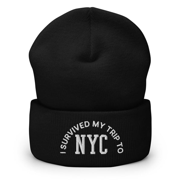 I Survived My Trip to NYC Embroidered Knit Cuffed Beanie - Black