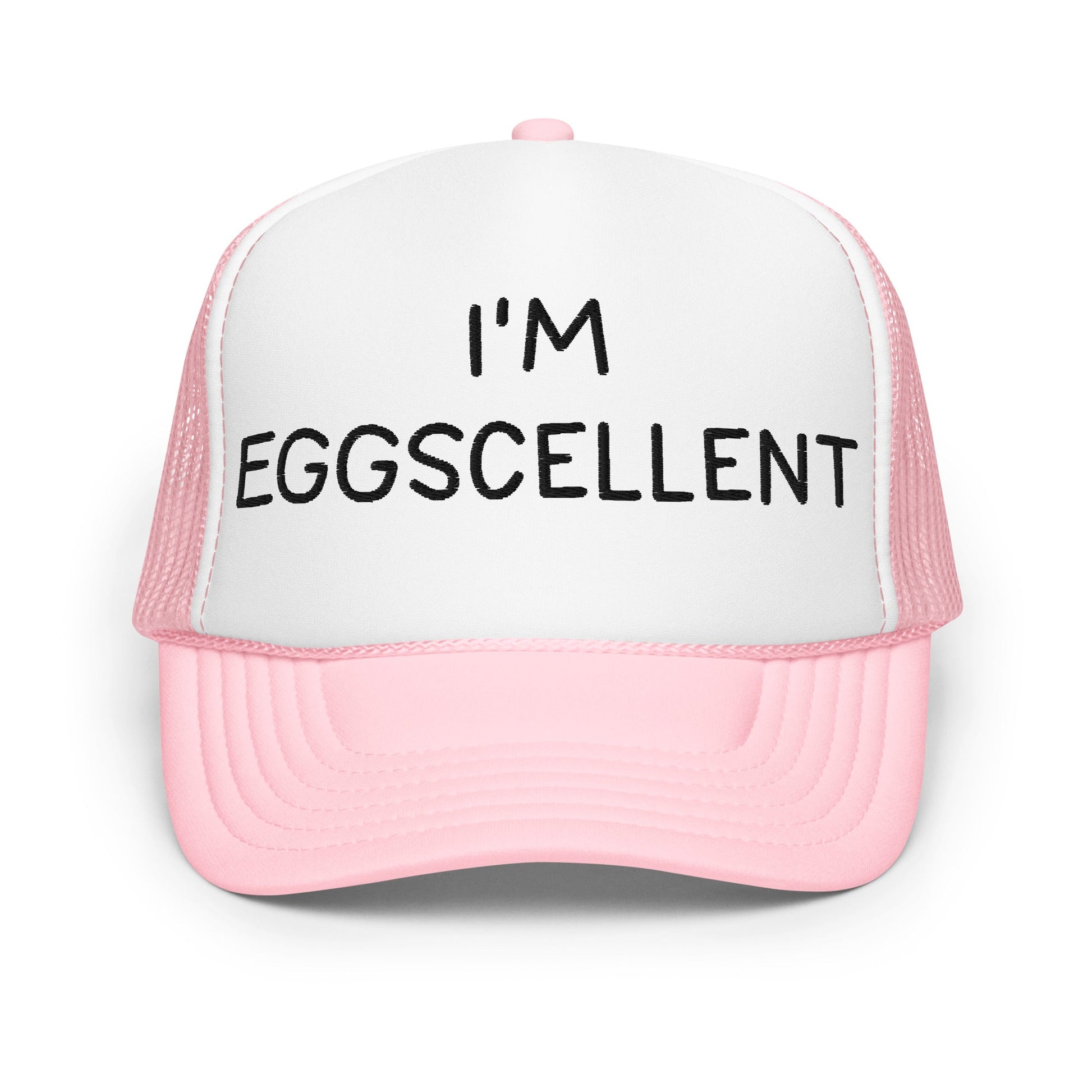 I’m Eggscellent Regular Show Embroidered Foam Trucker Hat - Light Pink / White