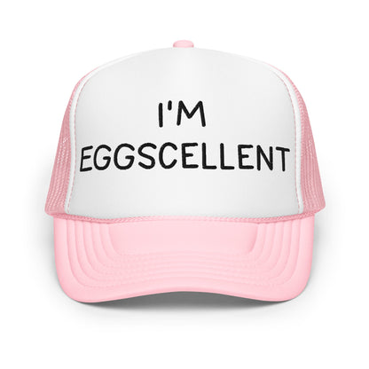 I’m Eggscellent Regular Show Embroidered Foam Trucker Hat - Light Pink / White