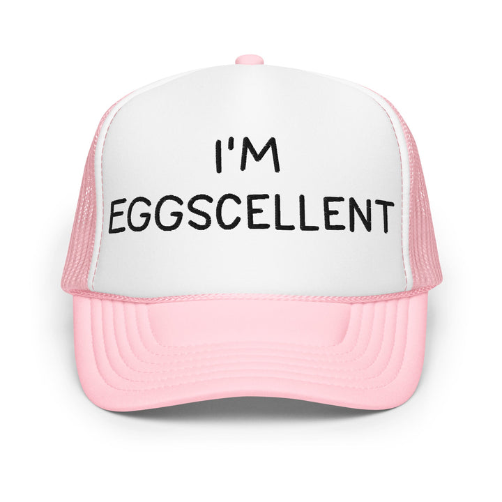I’m Eggscellent Regular Show Embroidered Foam Trucker Hat - Light Pink / White / Light Pink