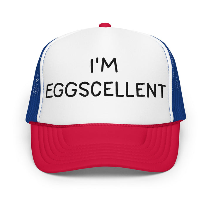 I’m Eggscellent Regular Show Embroidered Foam Trucker Hat - White / Royal / Red
