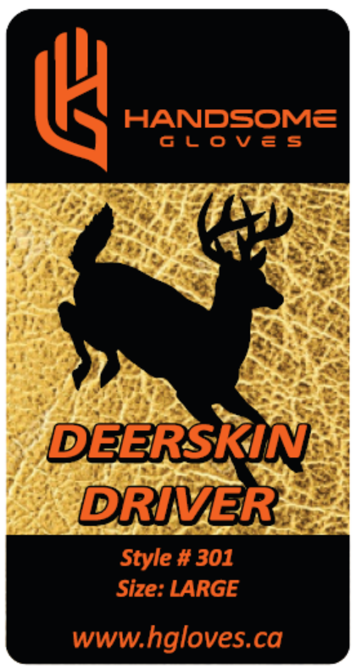 Unlined Deerskin Driver Gloves packaging with deer silhouette for custom apparel