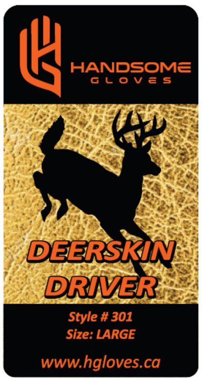 Unlined Deerskin Driver Gloves packaging with deer silhouette for custom apparel
