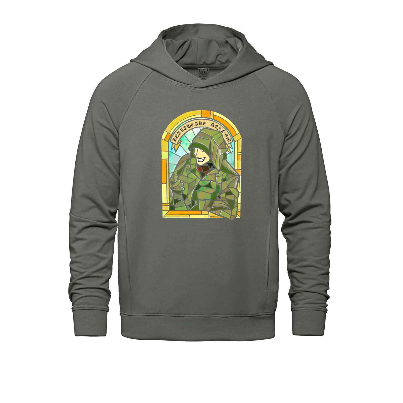 Gray hoodie with graphic from Jetsetter Luigi Patron Healthcare Reform Edition in custom apparel