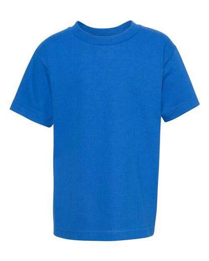 Blue short-sleeved T-shirt with screen printing, ideal for custom apparel, polyester blend