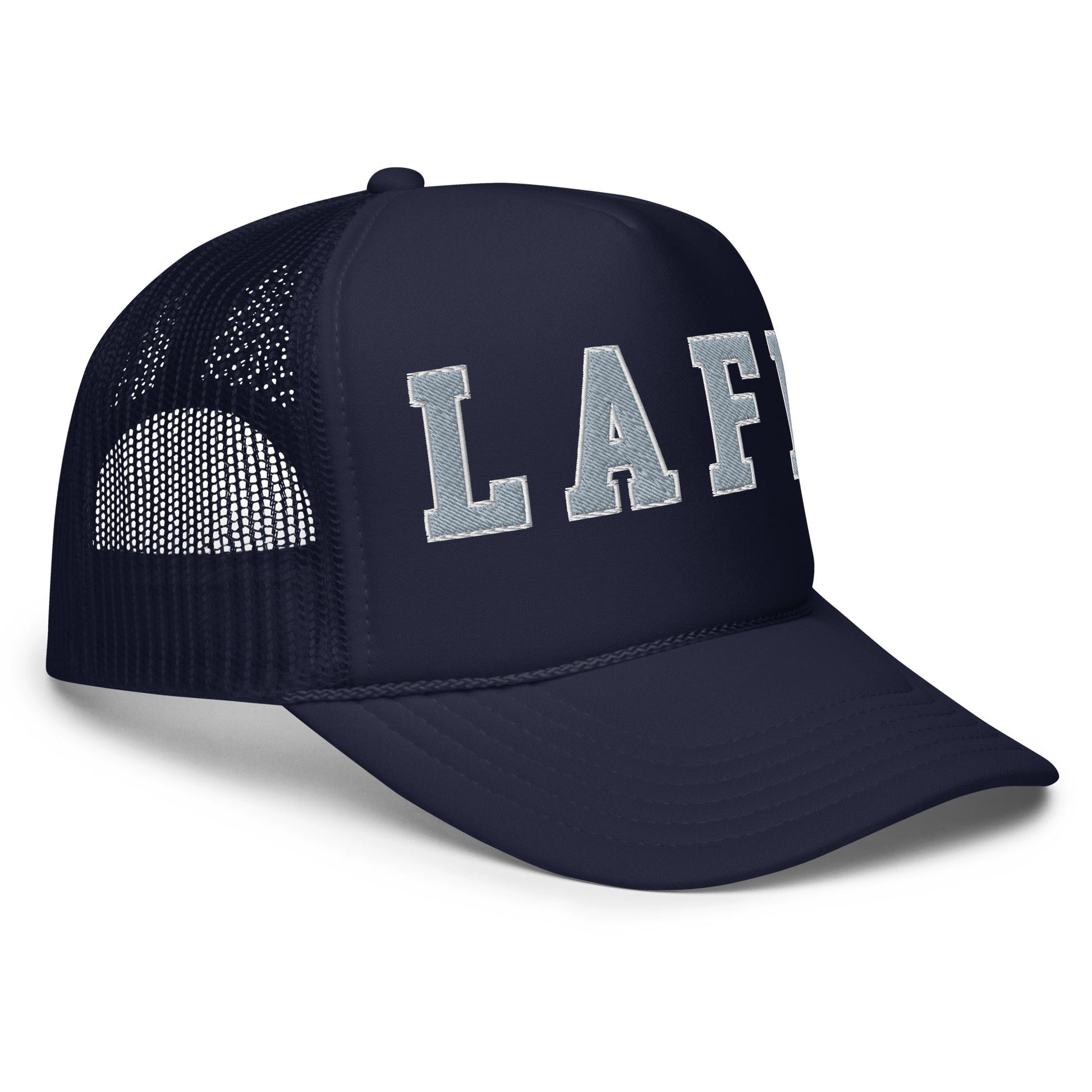 Navy blue LAFD Los Angeles embroidered foam trucker hat with department embroidered foam design