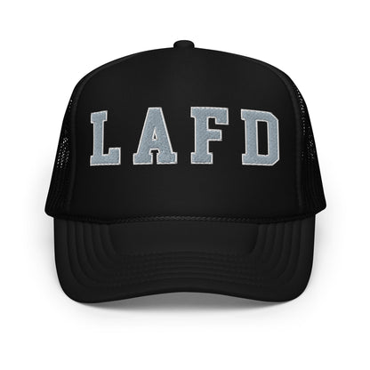 Black LAFD Los Angeles embroidered foam trucker hat featuring department embroidered foam logo