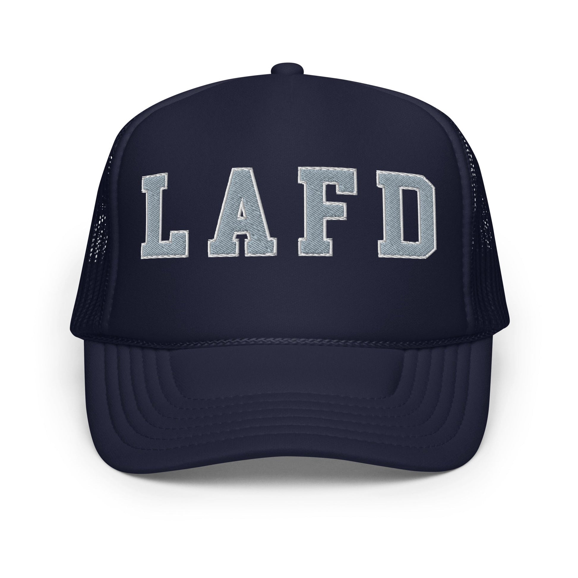 Navy blue LAFD Los Angeles embroidered foam trucker hat with department embroidered foam design