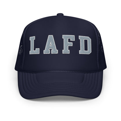 Navy blue LAFD Los Angeles embroidered foam trucker hat with department embroidered foam design
