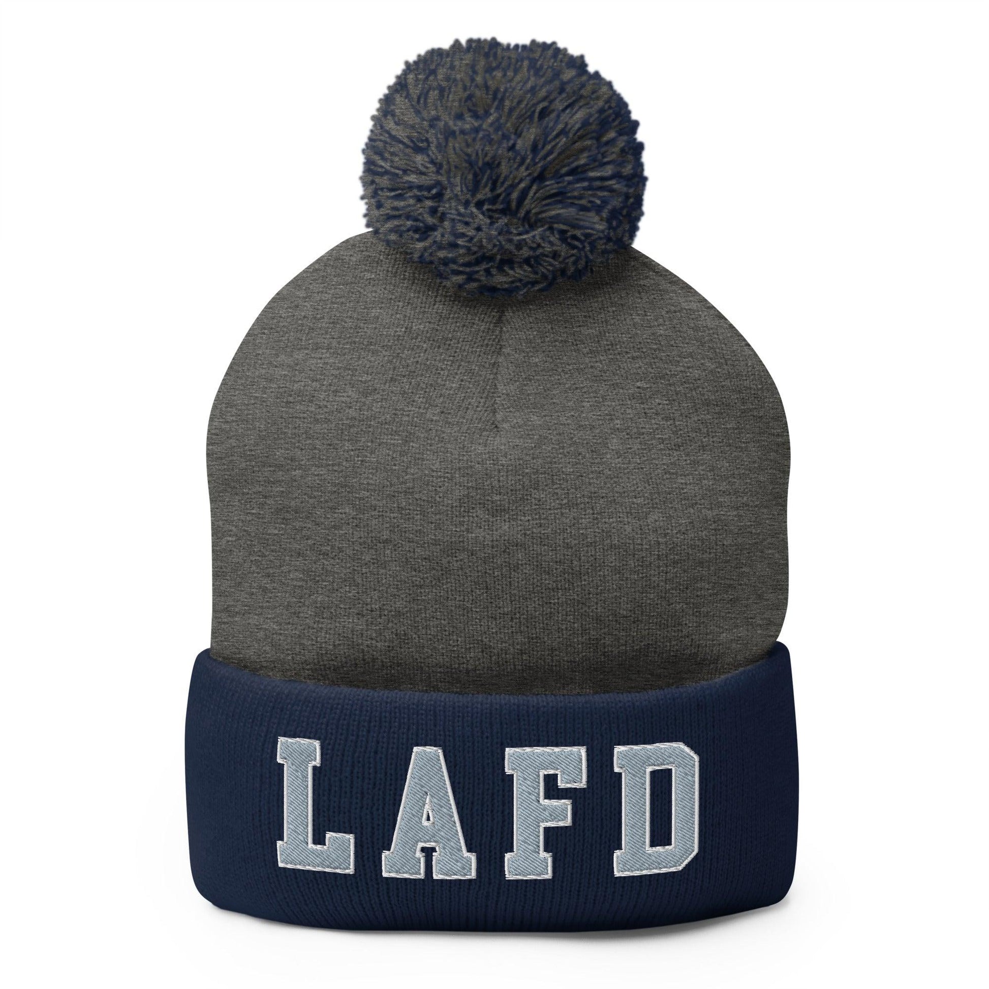 LAFD Los Angeles Fire Department Embroidered Knit Pom Beanie - Dark Heather Grey/ Navy