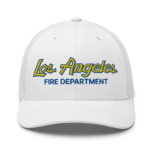 LAFD Los Angeles Fire Department Football Vintage Sports Script Embroidered Mesh Trucker Hat - Toronto Screen Printing