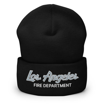 LAFD Los Angeles Fire Department Vintage Sports Script Embroidered Knit Cuffed Beanie - Black