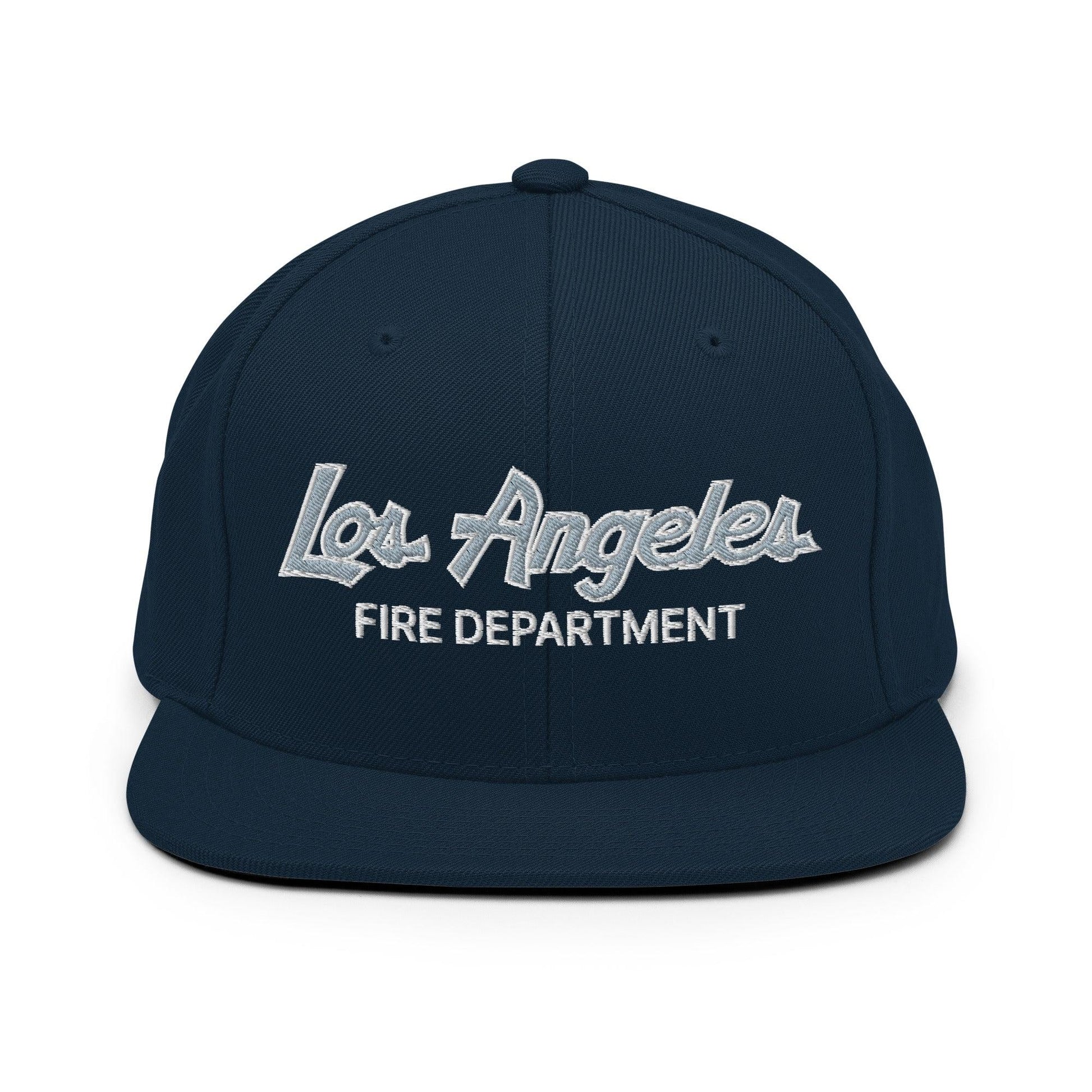 LAFD Los Angeles Fire Department Vintage Sports Script Embroidered Flat Bill Brim Snapback Hat - Dark Navy