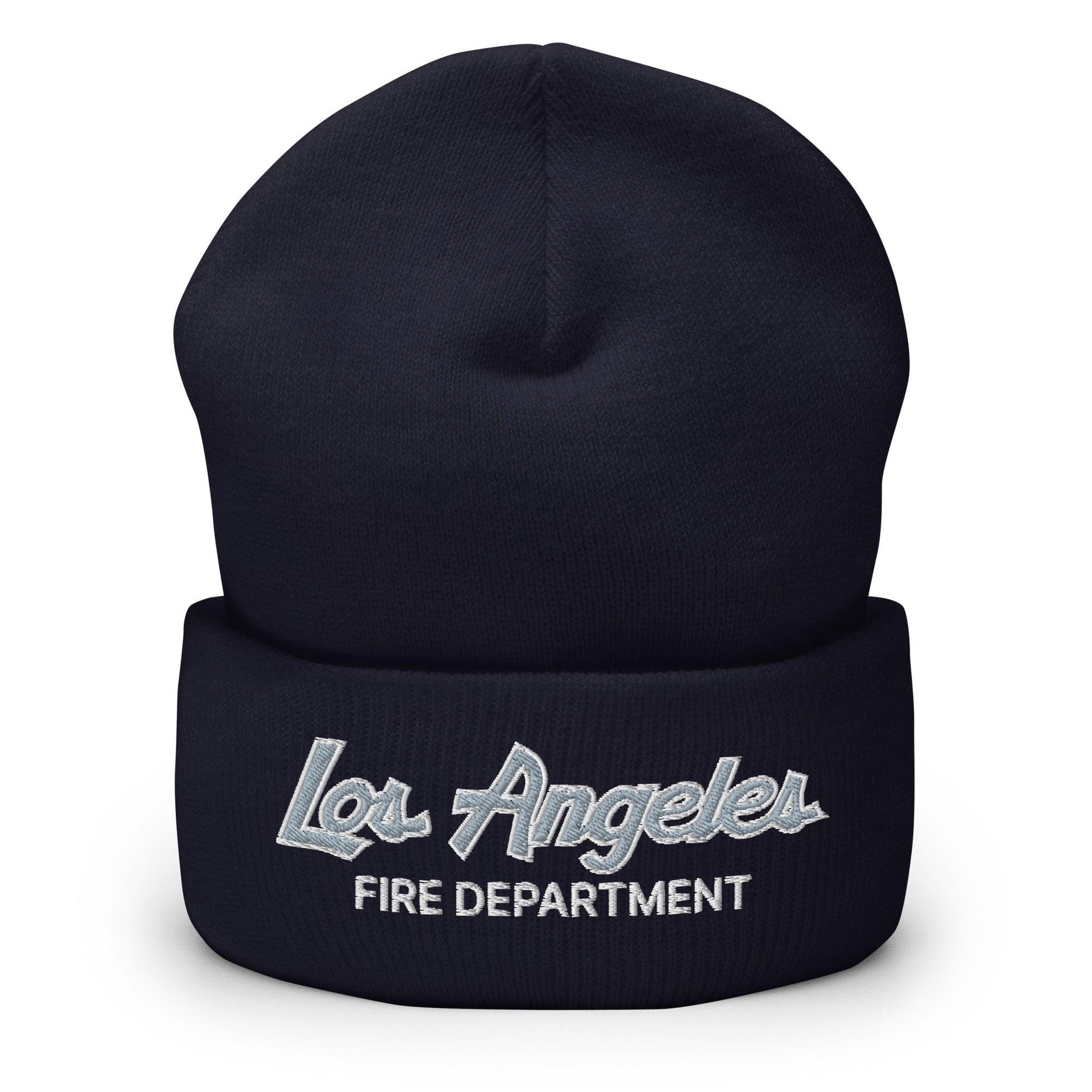 LAFD Los Angeles Fire Department Vintage Sports Script Embroidered Knit Cuffed Beanie - Navy