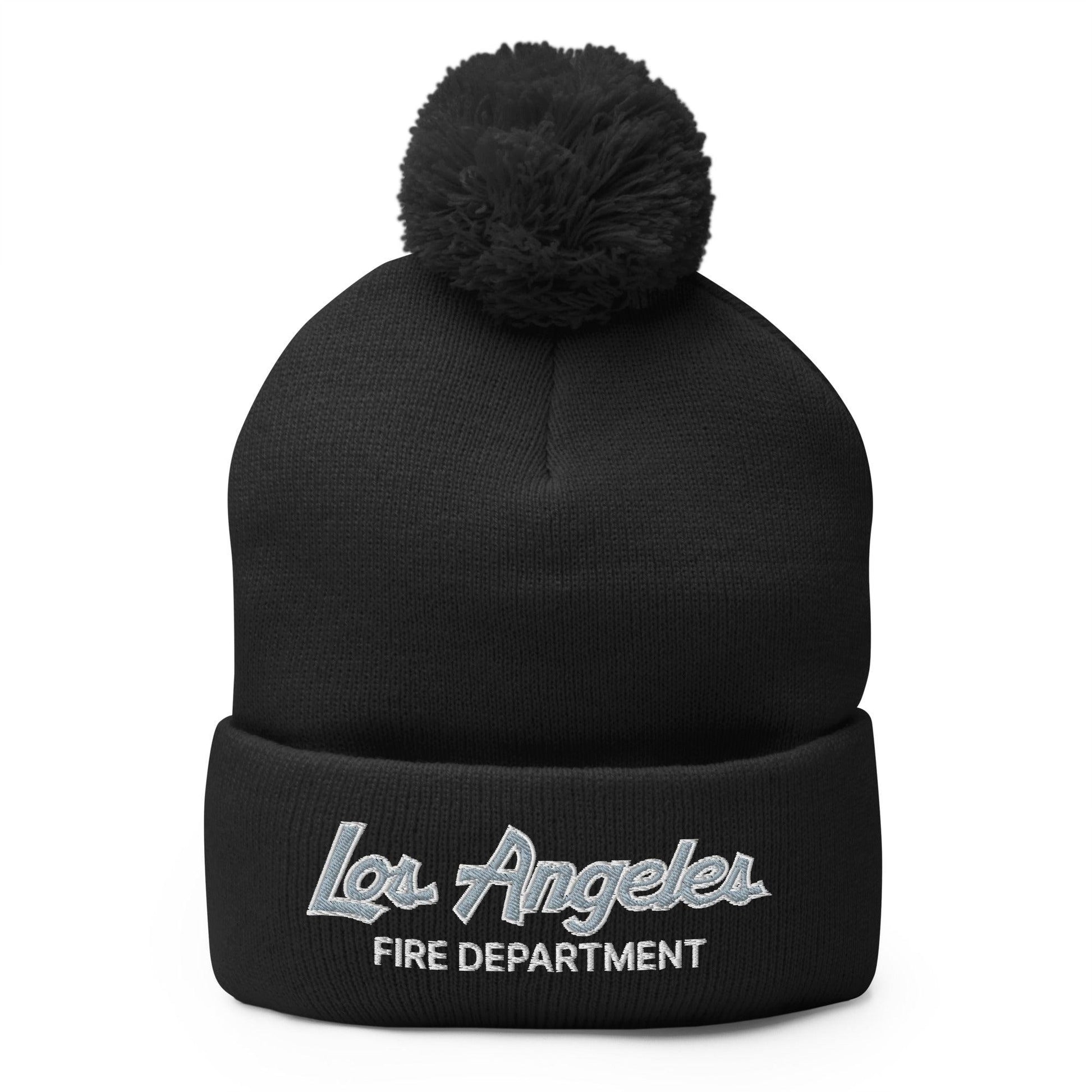 LAFD Los Angeles Fire Department Vintage Sports Script Embroidered Knit Pom Beanie - Black