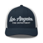LAFD Los Angeles Fire Department Vintage Sports Script Embroidered Mesh Trucker Hat - Navy/ White