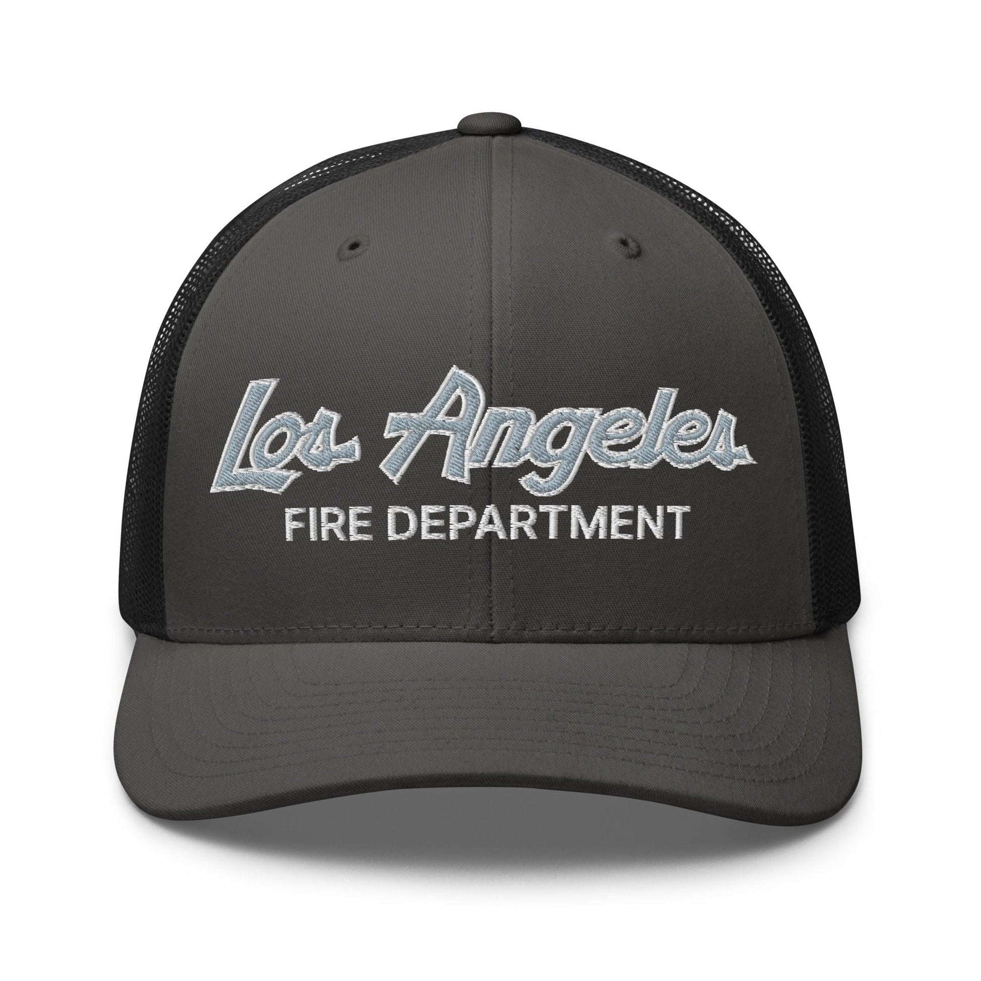 LAFD Los Angeles Fire Department Vintage Sports Script Embroidered Mesh Trucker Hat - Charcoal/ Black