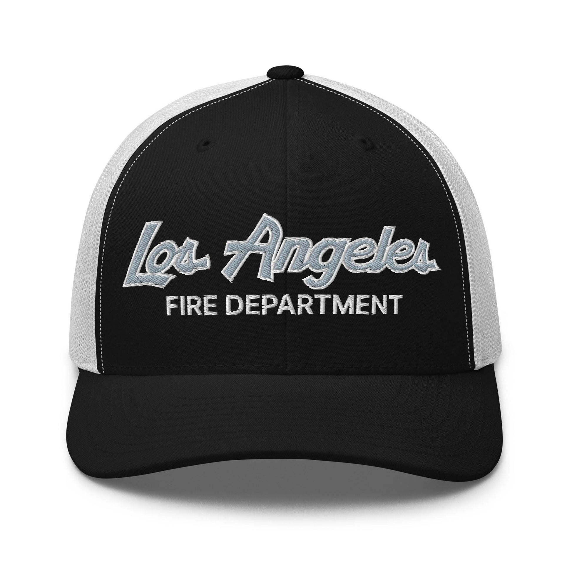 LAFD Los Angeles Fire Department Vintage Sports Script Embroidered Mesh Trucker Hat - Black/ White