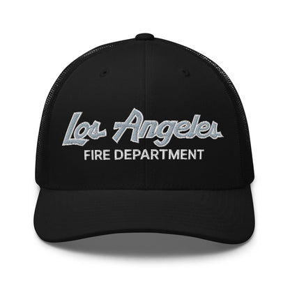 LAFD Los Angeles Fire Department Vintage Sports Script Embroidered Mesh Trucker Hat - Black