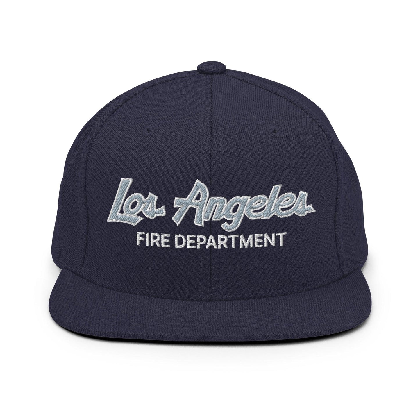 LAFD Los Angeles Fire Department Vintage Sports Script Embroidered Flat Bill Brim Snapback Hat - Navy