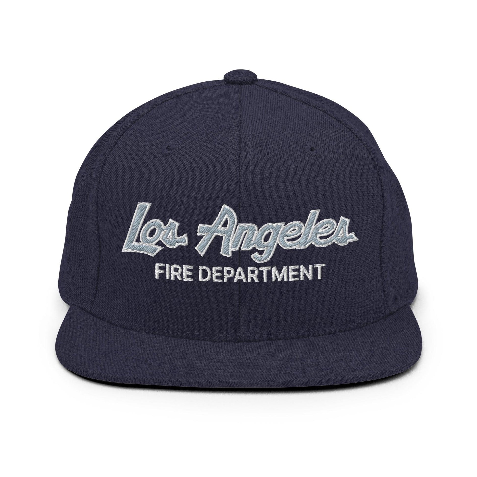LAFD Los Angeles Fire Department Vintage Sports Script Embroidered Flat Bill Brim Snapback Hat - Navy