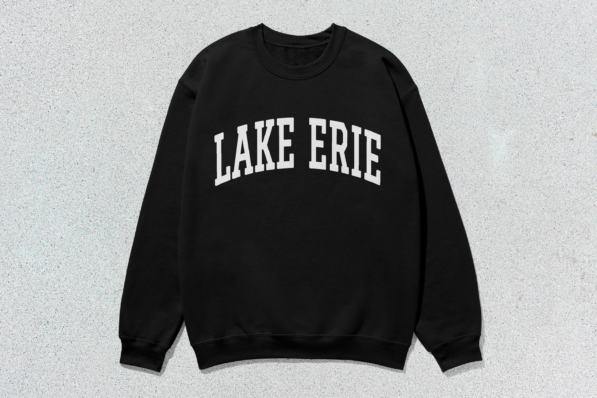 Black Lake Erie sweatshirt with screen printing design in custom apparel style