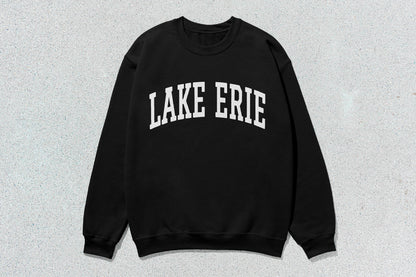 Black Lake Erie sweatshirt with screen printing design in custom apparel style