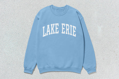 Light blue Lake Erie sweatshirt with screen printing in custom apparel style