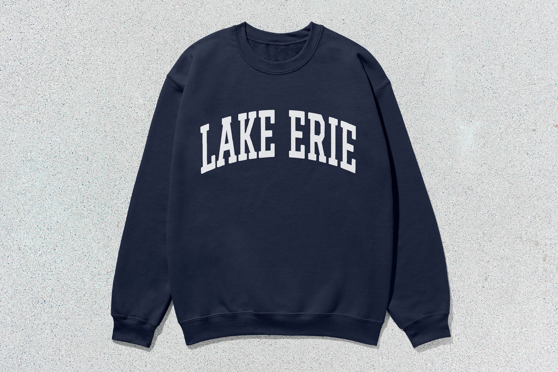 Navy blue Lake Erie sweatshirt featuring screen printing on custom apparel crewneck