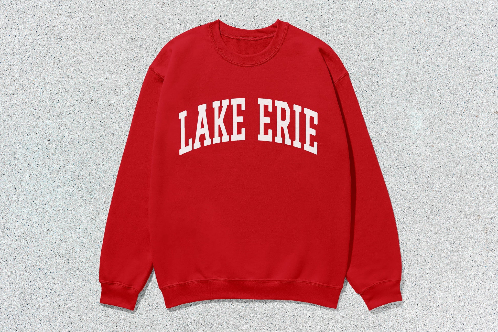 Red Lake Erie sweatshirt featuring screen printing on custom apparel for a unisex crewneck