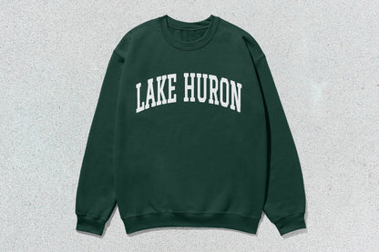 Green Lake Huron crewneck sweatshirt in custom apparel collection featuring Lake Huron design