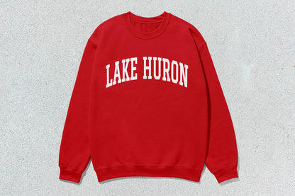 Red Lake Huron crewneck sweatshirt in custom apparel collection for lake huron enthusiasts