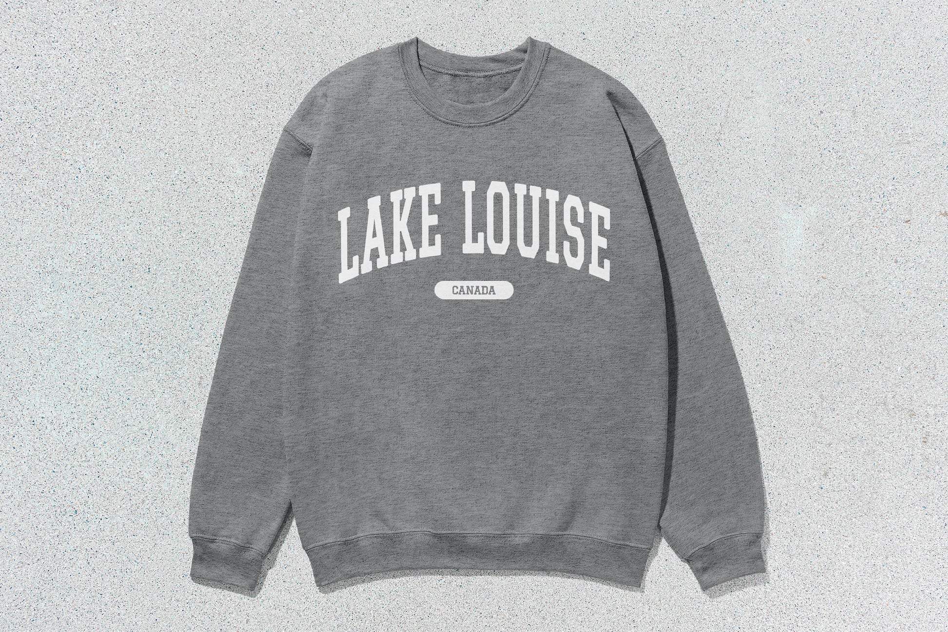 Gray Lake Louise crewneck sweatshirt in custom apparel collection perfect for outdoor enthusiasts