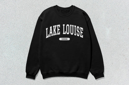 Black Lake Louise crewneck sweatshirt showcasing custom apparel for Lake Louise fans