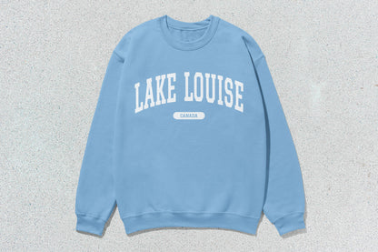 Light blue Lake Louise crewneck sweatshirt showcasing custom apparel quality and design